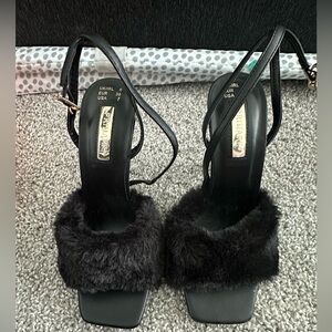 NWOT Black Fur Strap Heels size 7